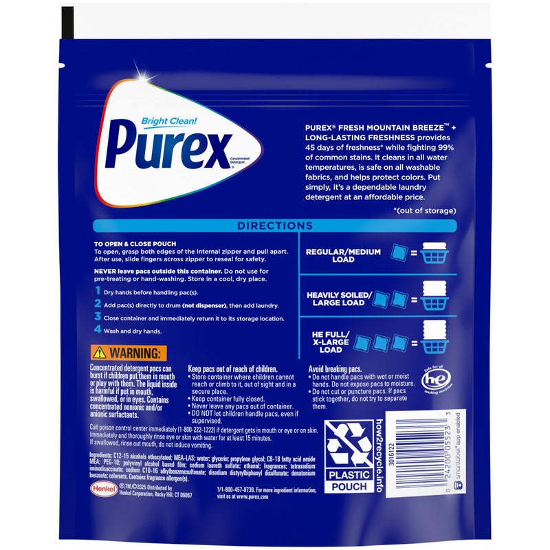 Purex 4-in-1 Laundry Detergent Pacs, Mountain Breeze, 66 Count, Brightening and Whitening, Powerful Clean, Tough on Stains, Boost of Freshness - Image 5